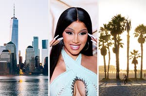New York is on the left with Cardi B in the center and California on the right