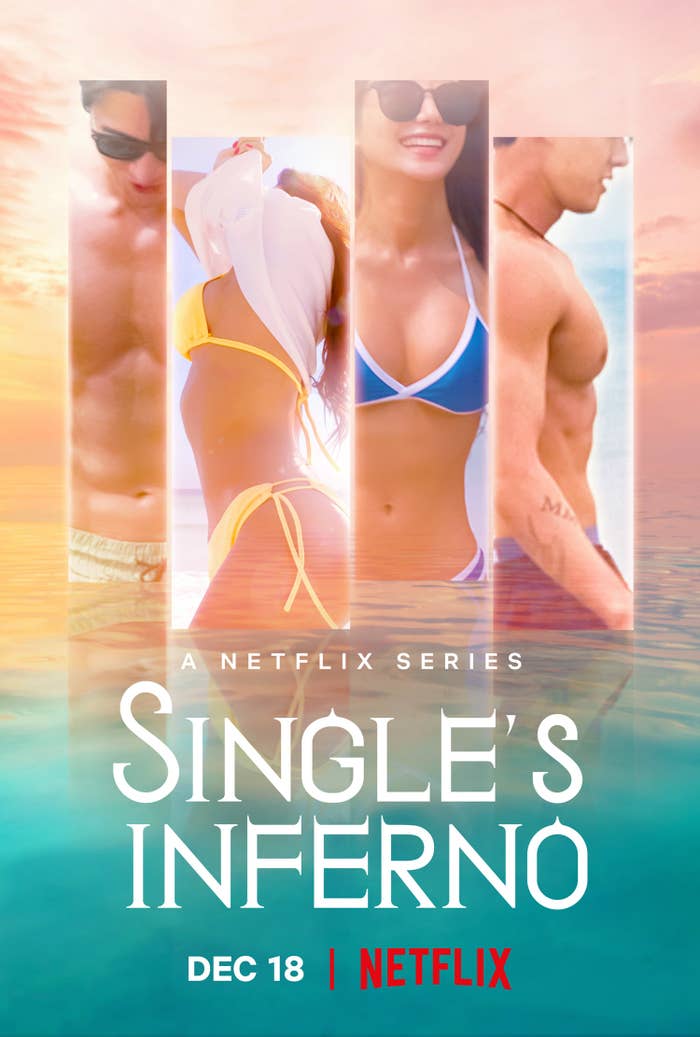 A promo poster for Single&#x27;s Inferno featuring two women in bikinis and two men in swim shorts standing in the ocean