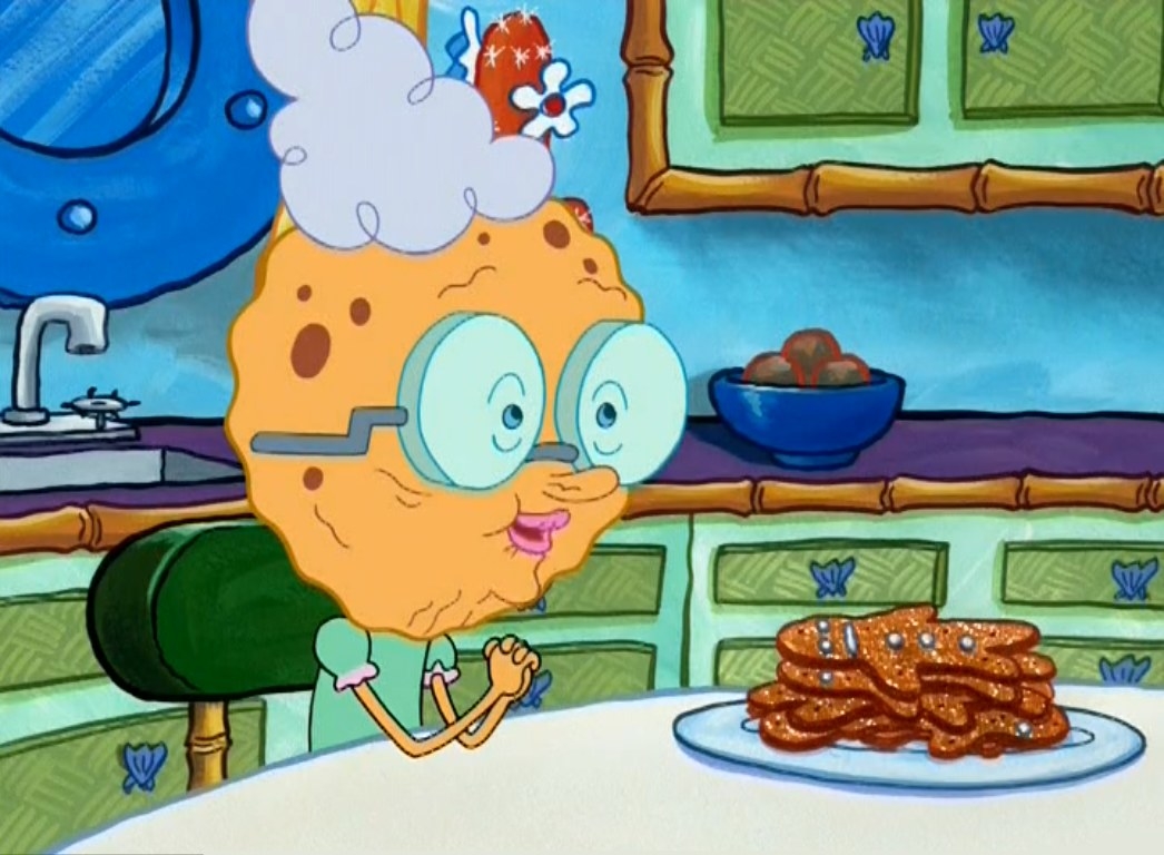 Grandma SquarePants with a plate of cookies