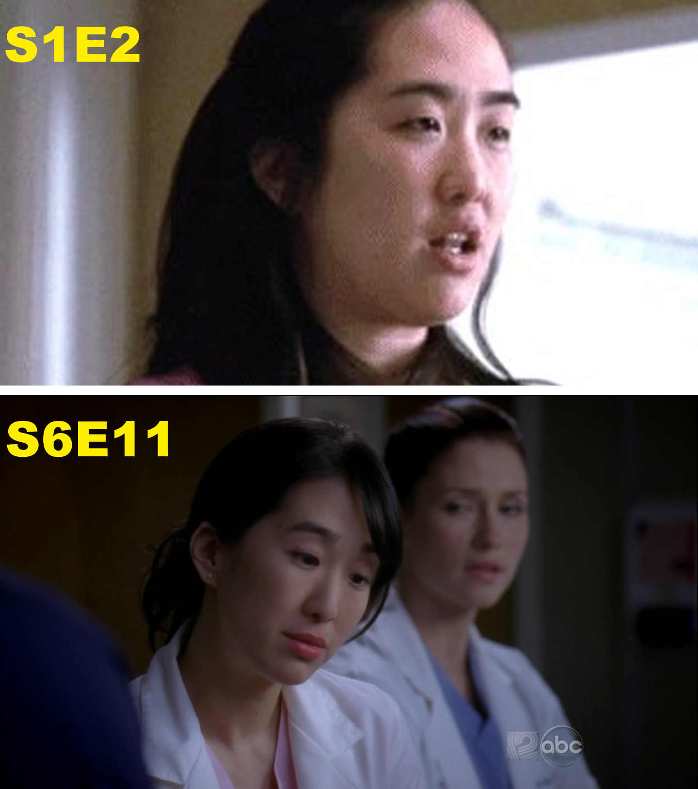 Two stills from Grey&#x27;s Anatomy showing the same actress, one labeled S1E2 and the other labeled S6E11