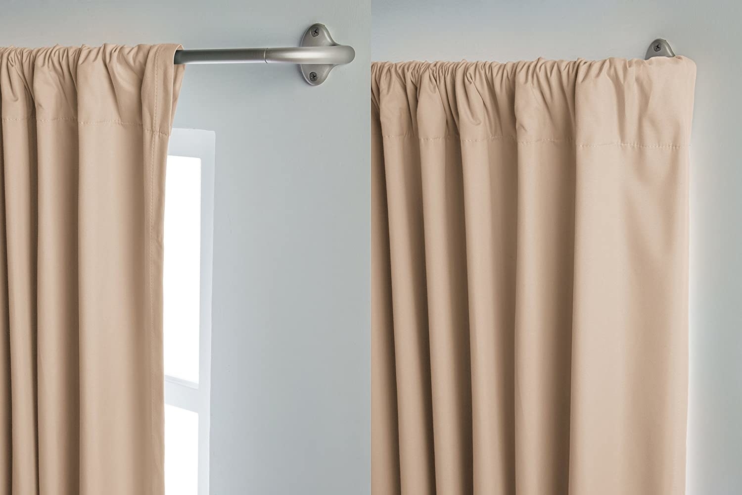 the blackout curtain rod with a beige curtain on it