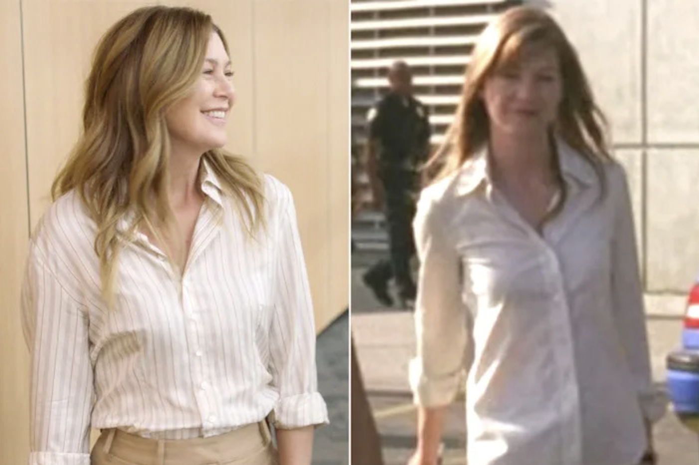 A side by side of Meredith in Season 18 and in Season 1; she is wearing the same shirt in both photos