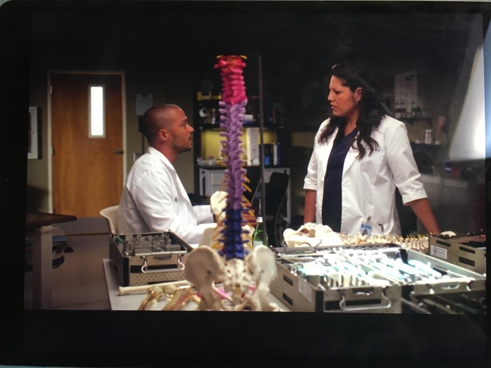 Callie and Jackson talk in a hospital lab, there is a pink/purple/blue spine model in the foreground