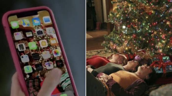 A side by side image of a phone with a Christmas tree background, and an image of Izzie, George, and Meredith laying under the same tree