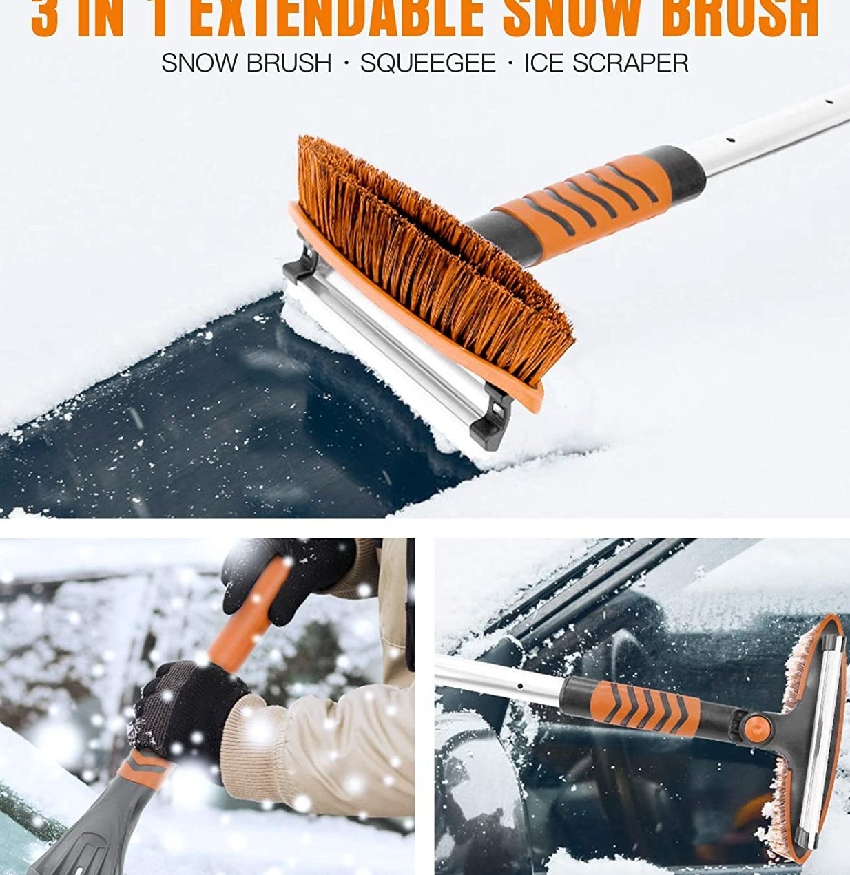 The snow brush being use in multiple ways on car windows