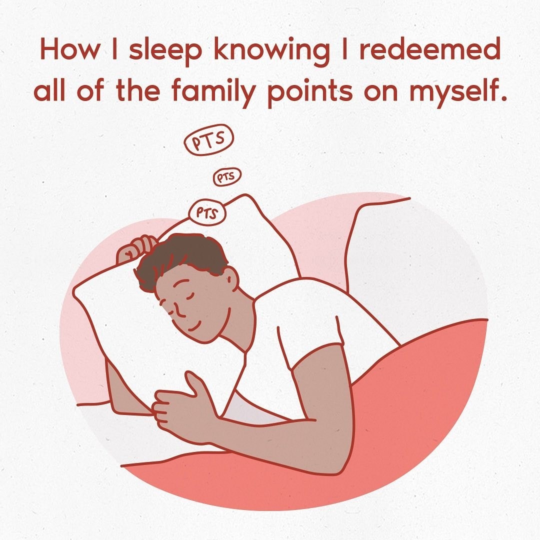 graphic of person sleeping with text &quot;how i sleep knowing i redeemed all of the family points on myself&quot;