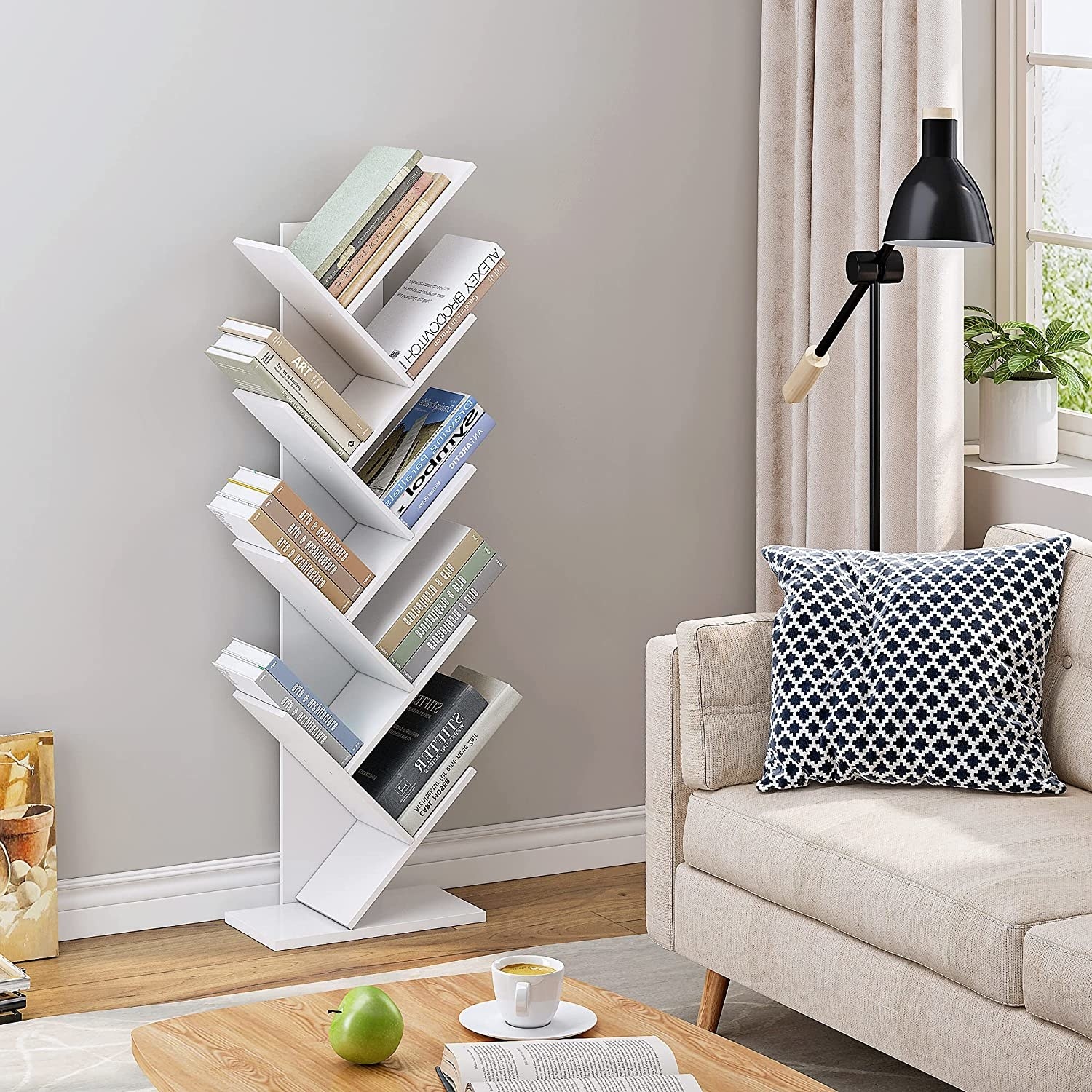 an angular bookshelf with nine tiers in a living room