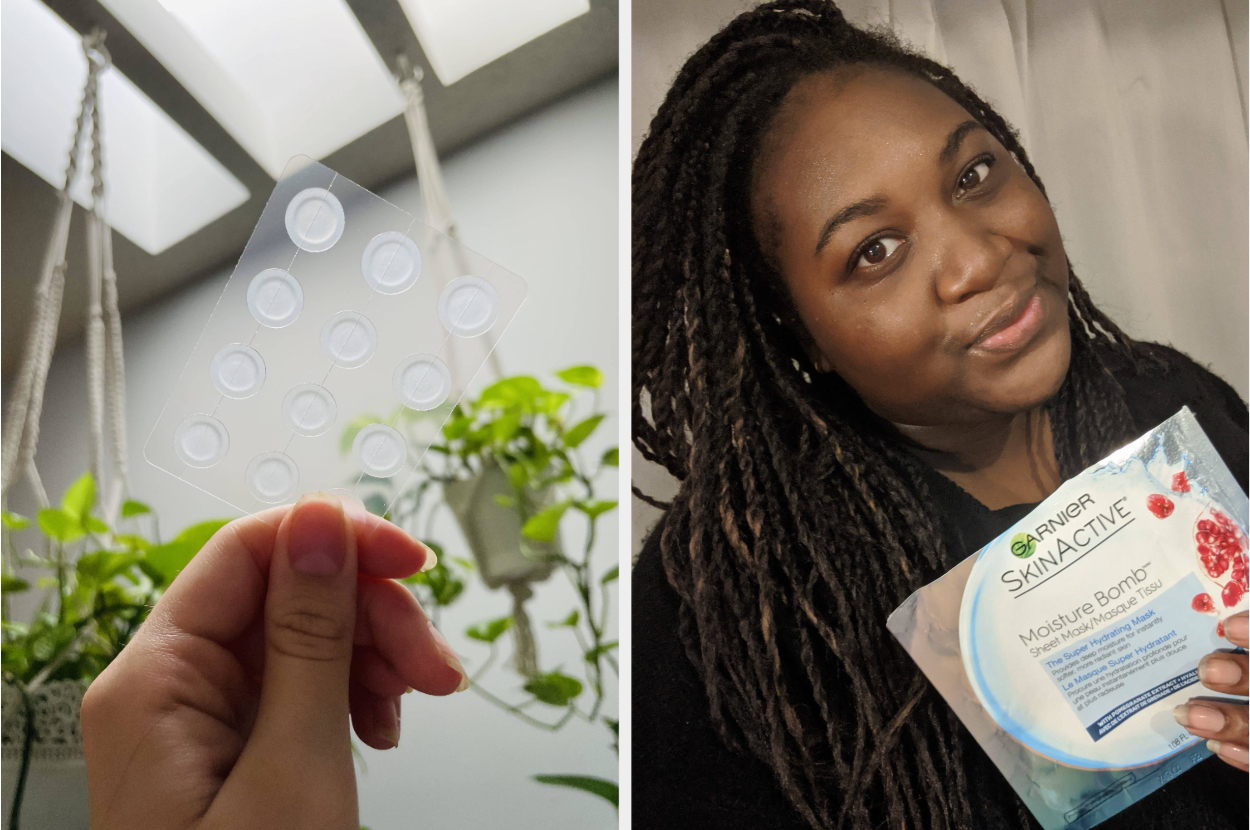 A person holding a sheet of acne patches, A person holding a sheet mask package