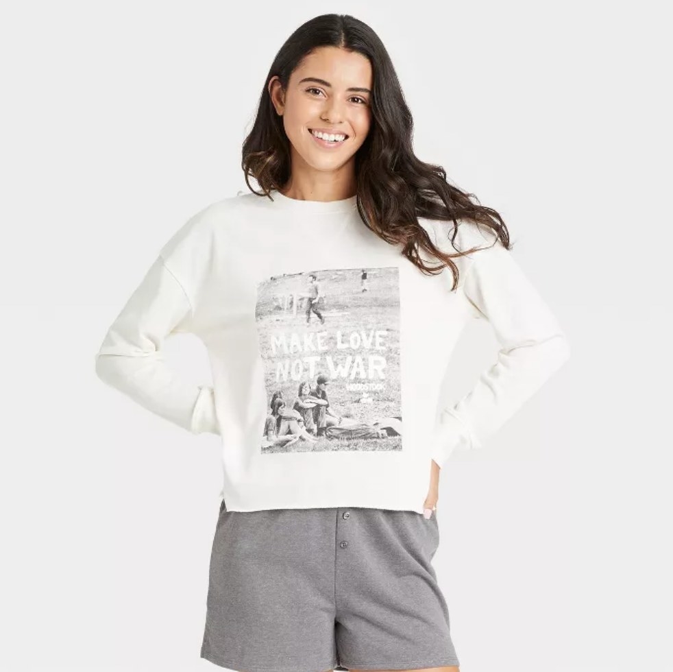 the grey shorts and Woodstock sweater set
