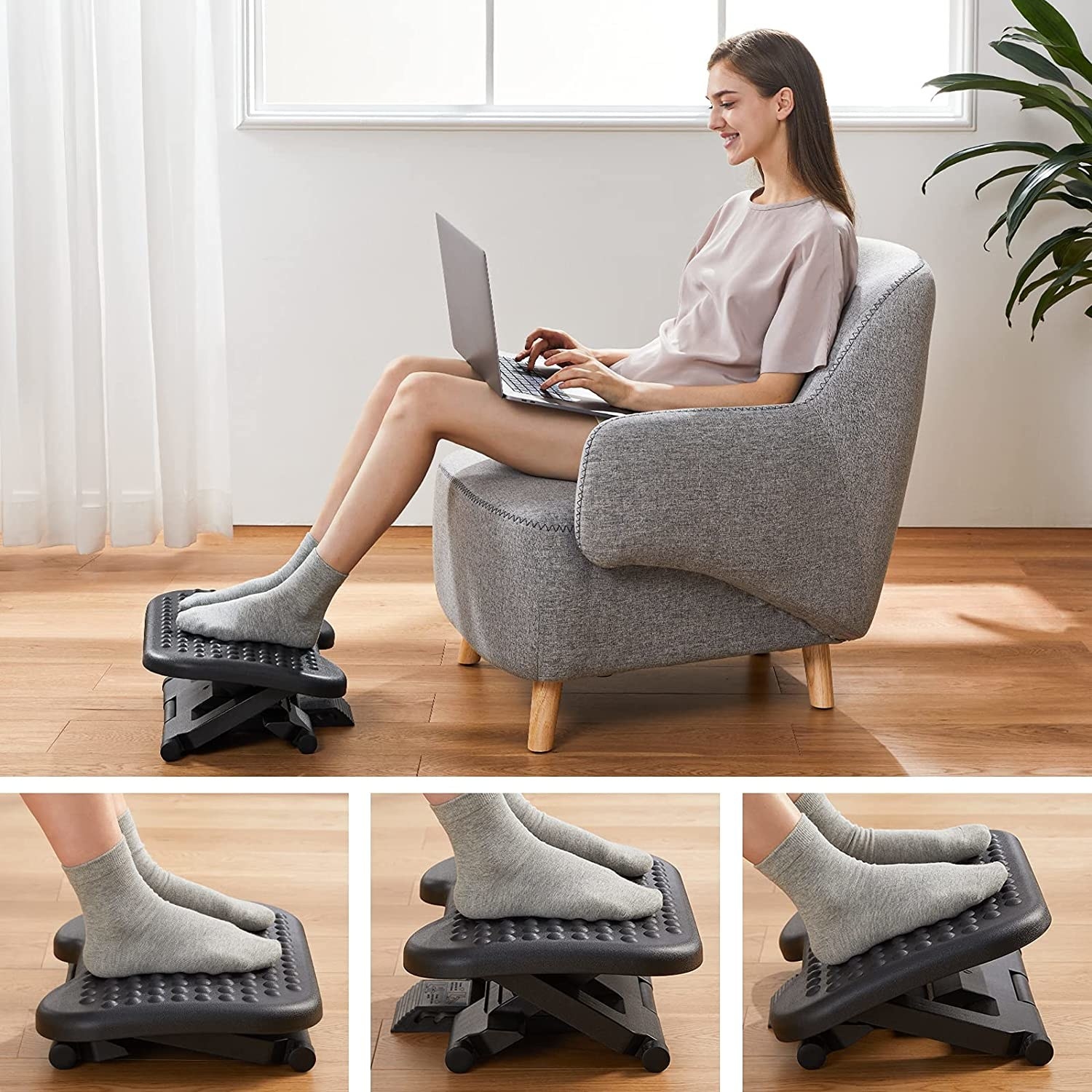 A photo grid of a person using the footrest in all its different positions