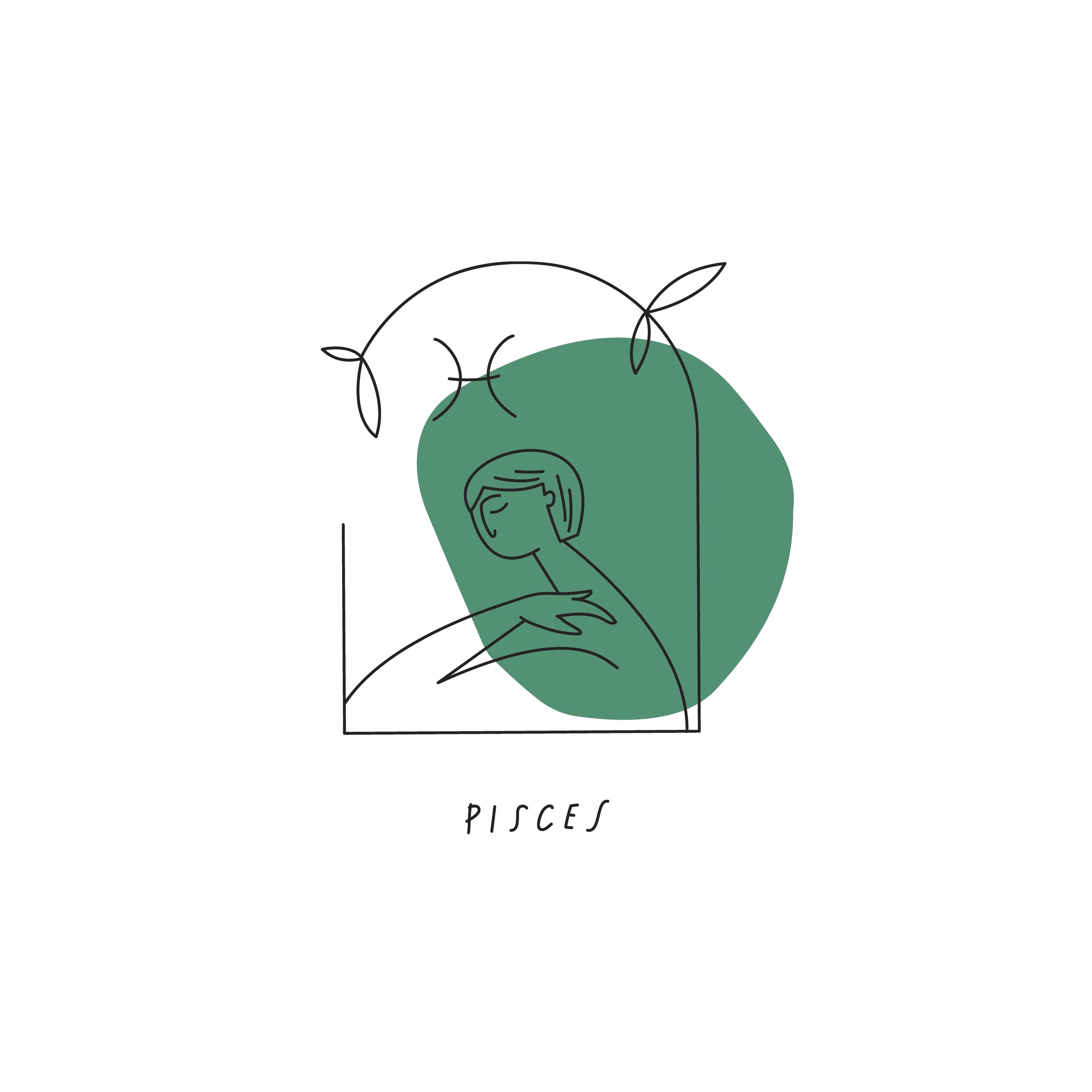 Pisces zodiac sign illustration with green watercolor