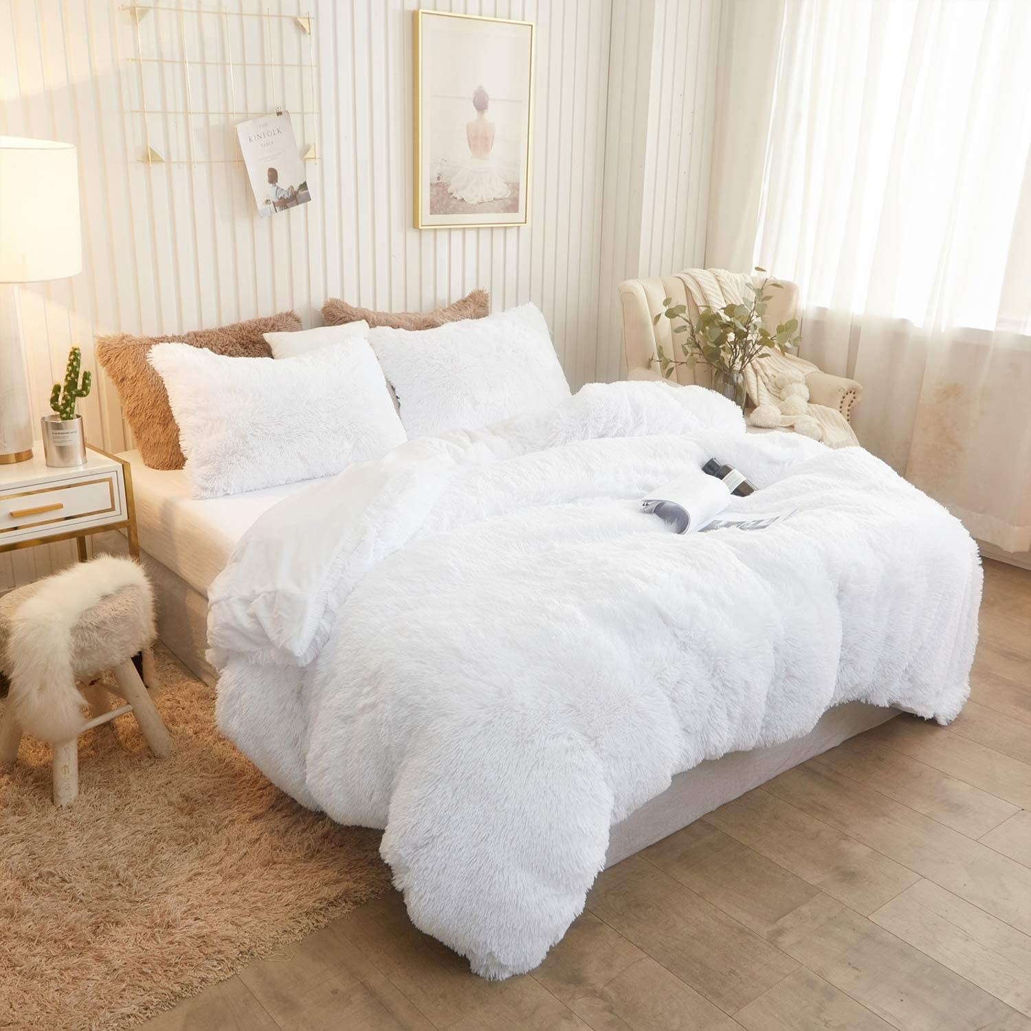 a fluffy bed set made of plush shag material in a scandinavian style bedroom