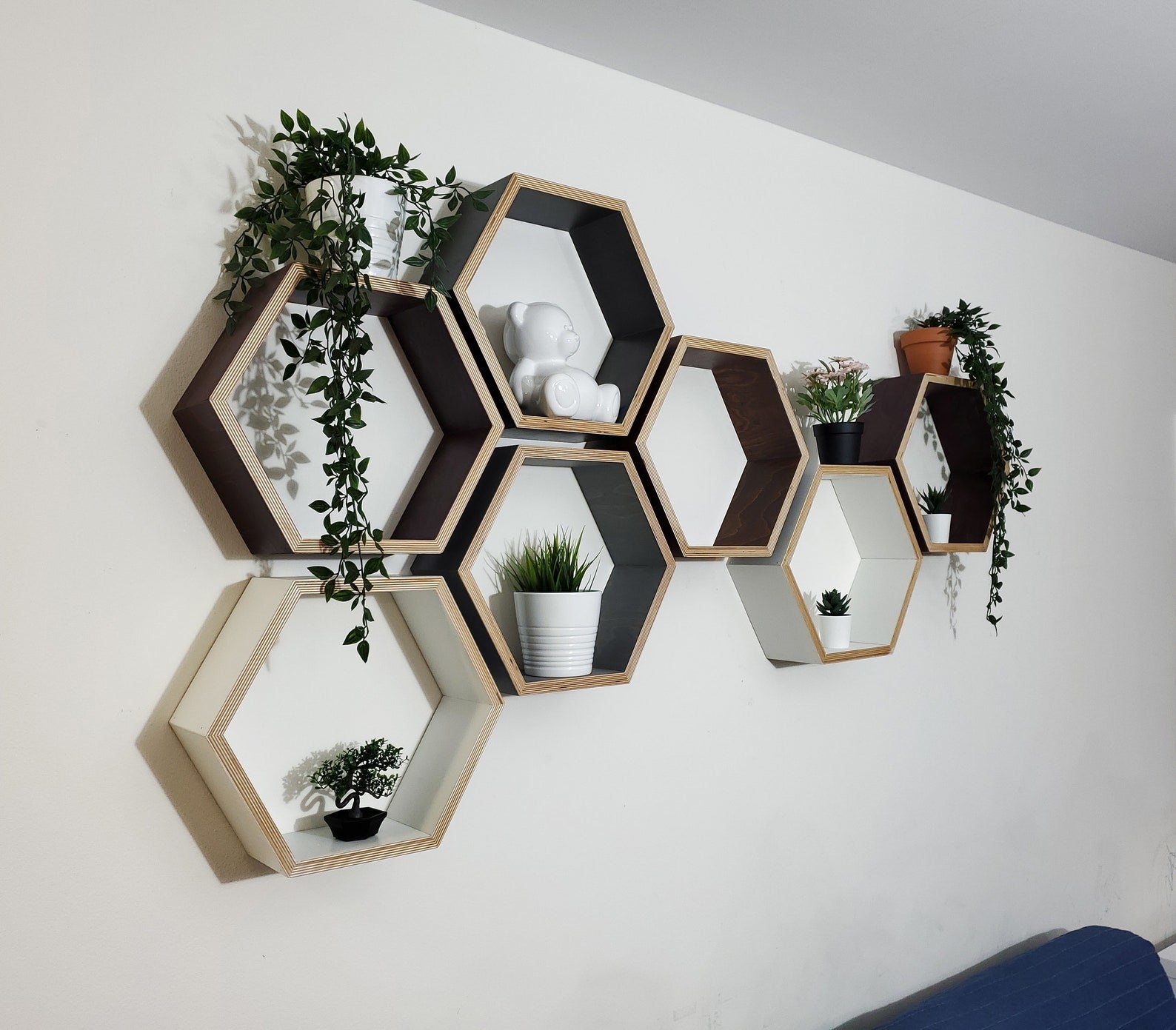 Seven hexagon shelves assembled in a honeycomb pattern on the wall holding plants and a decorative ceramic teddy bear