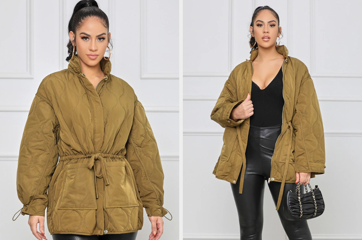 Split image of model wearing tan quilted jacket zipped up with tied waist, and model wearing product unzipped and untied
