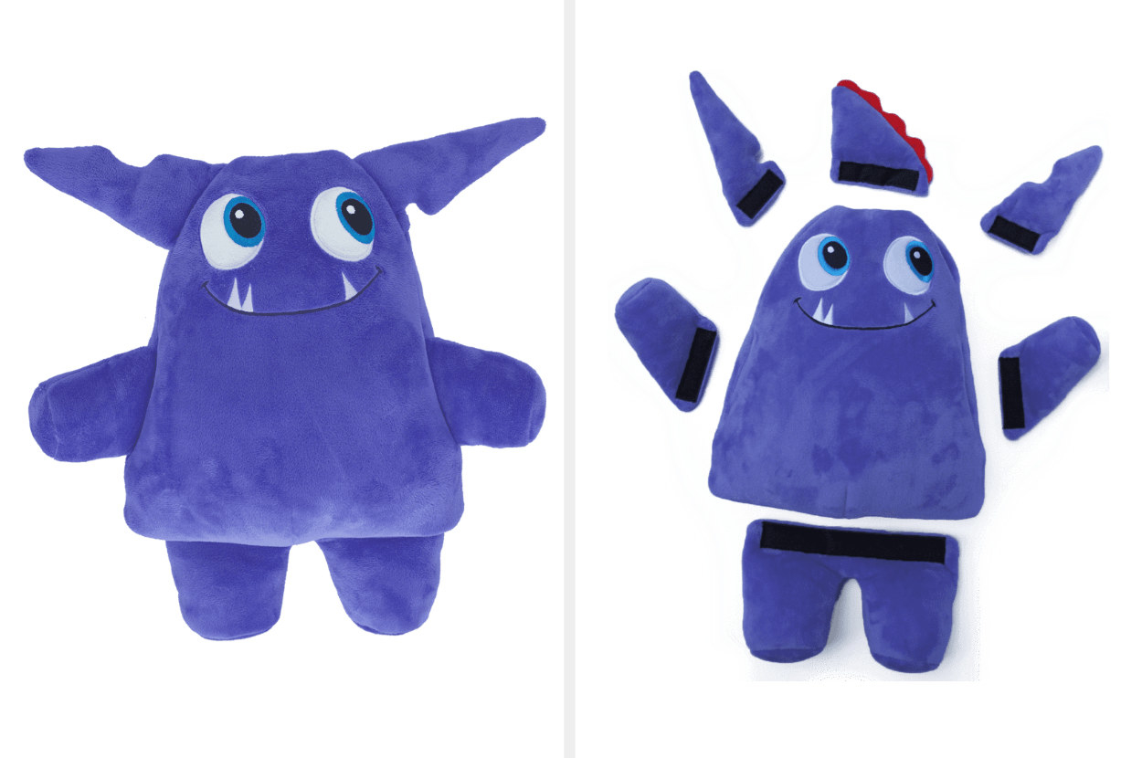 side-by-side of purple monster dog toy intact then torn apart