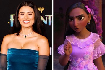 Diane Guerrero on the red carpet at the Encanto premiere side by side with the character she voices, Isabela Madrigal