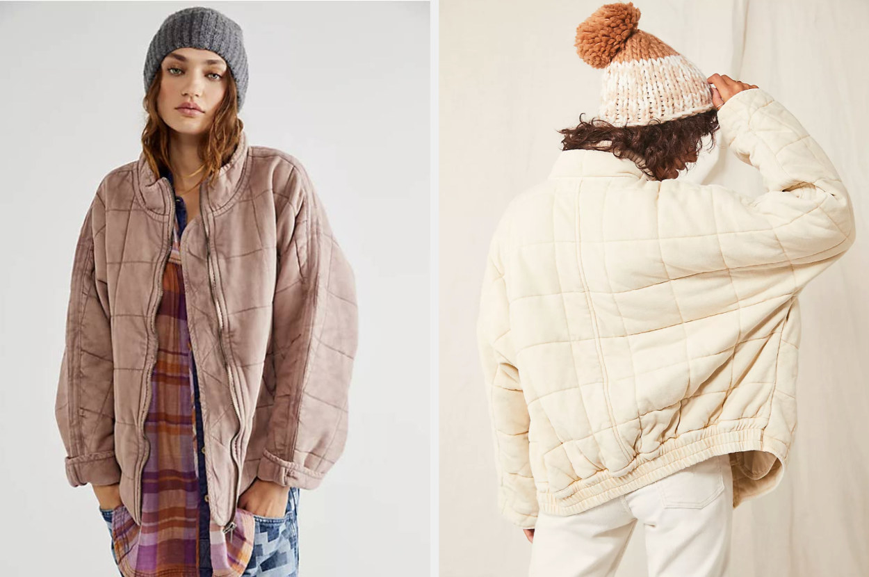 Model wearing mauve oversized quilted jacket with gray beanie and gingham shirt next to model showing back of product in cream