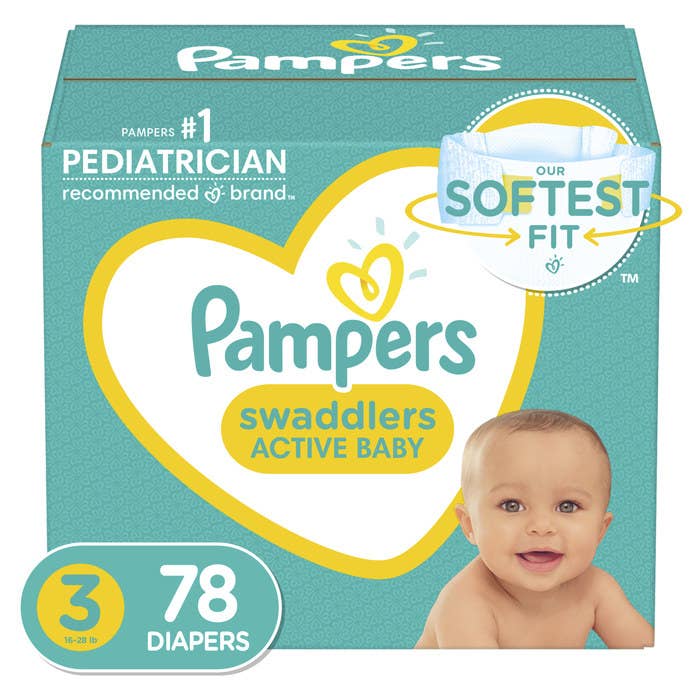 A box of Pampers Swaddlers