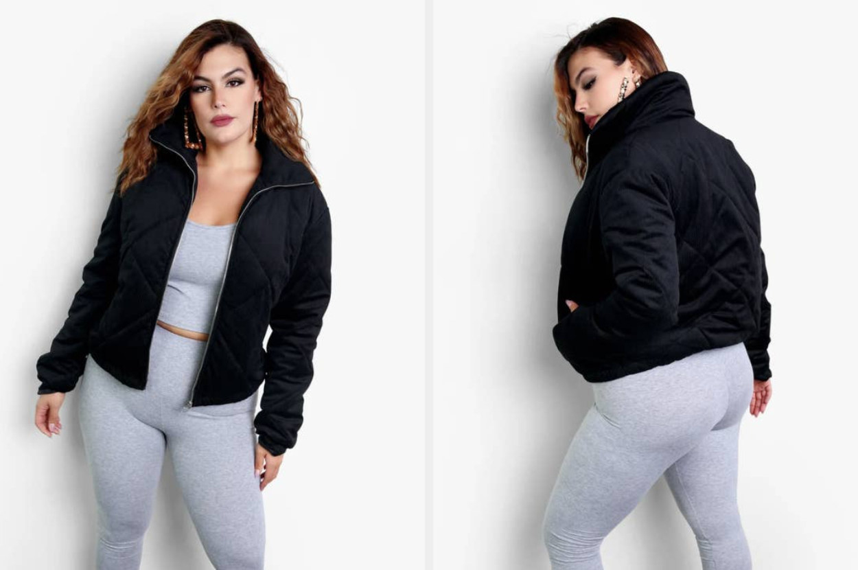 Model wearing black quilted jacket unzipped with gray matching set