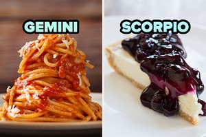 On the left, some spaghetti with marinara sauce labeled Gemini, and on the right, some cheesecake topped with blueberries labeled Scorpio