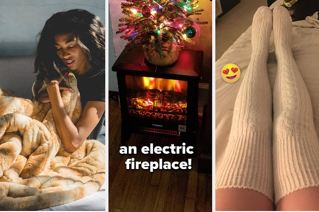 model with a fluffy weighted blanket / small electric fireplace / over-the-knee socks