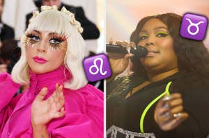 lady gaga on the left and lizzo on the right with zodiac sign emojis surrounding them