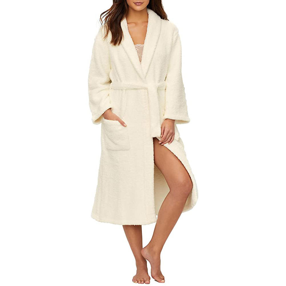 Front view of a model wearing the robe in Pearl color