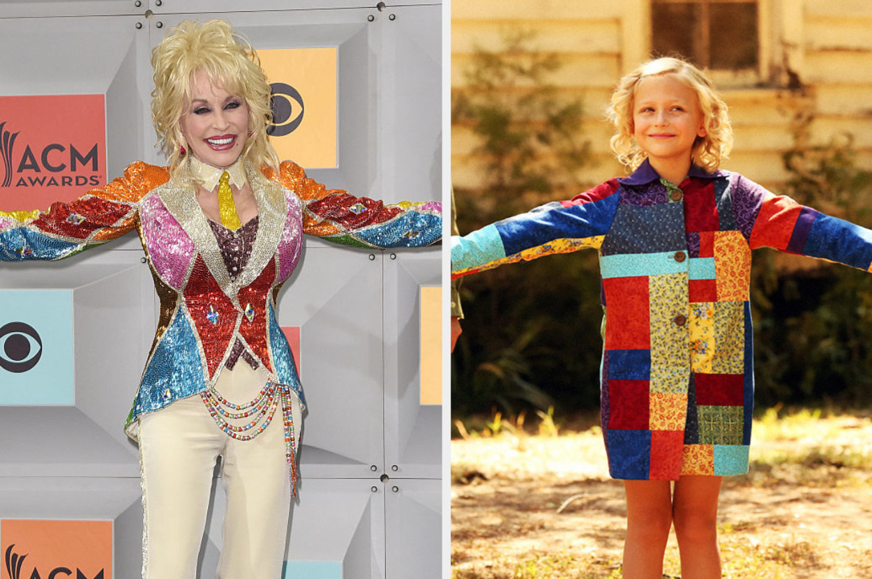 current-day Dolly and young Dolly proudly strike similar poses in their colorful patchwork coats
