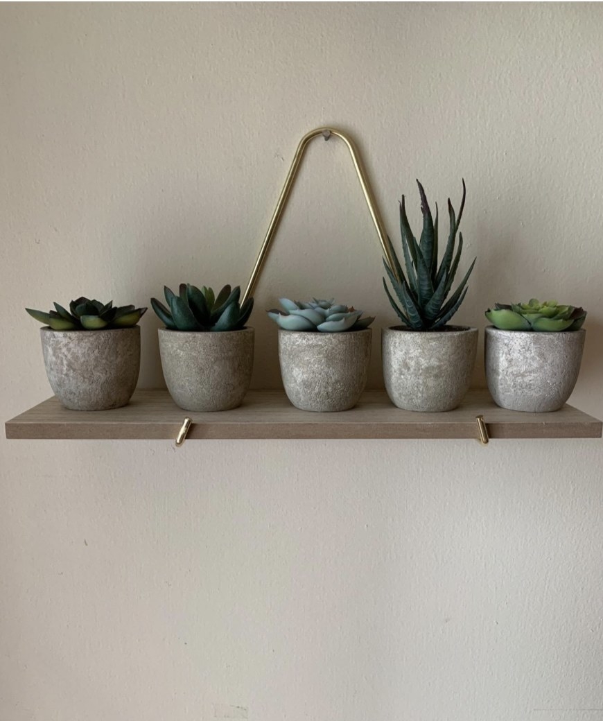 Reviewer&#x27;s photo of the artificial plants on a floating wall shelf