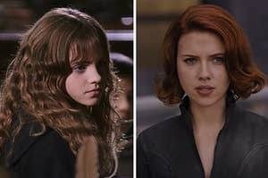 Hermione Granger is glaring to the side with Natasha Romanoff on the right