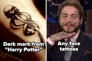 Dark mark from "Harry Potter" and a picture of Post Malone captioned "any face tattoos"