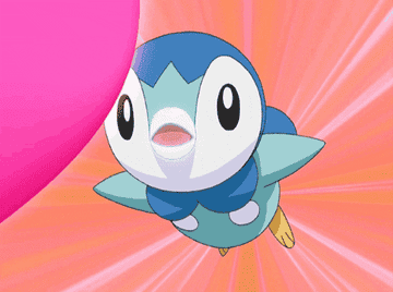 a gif of a Piplup in &quot;Pokémon&quot; getting hit with a heart and then waving their arms with beating heart eyes