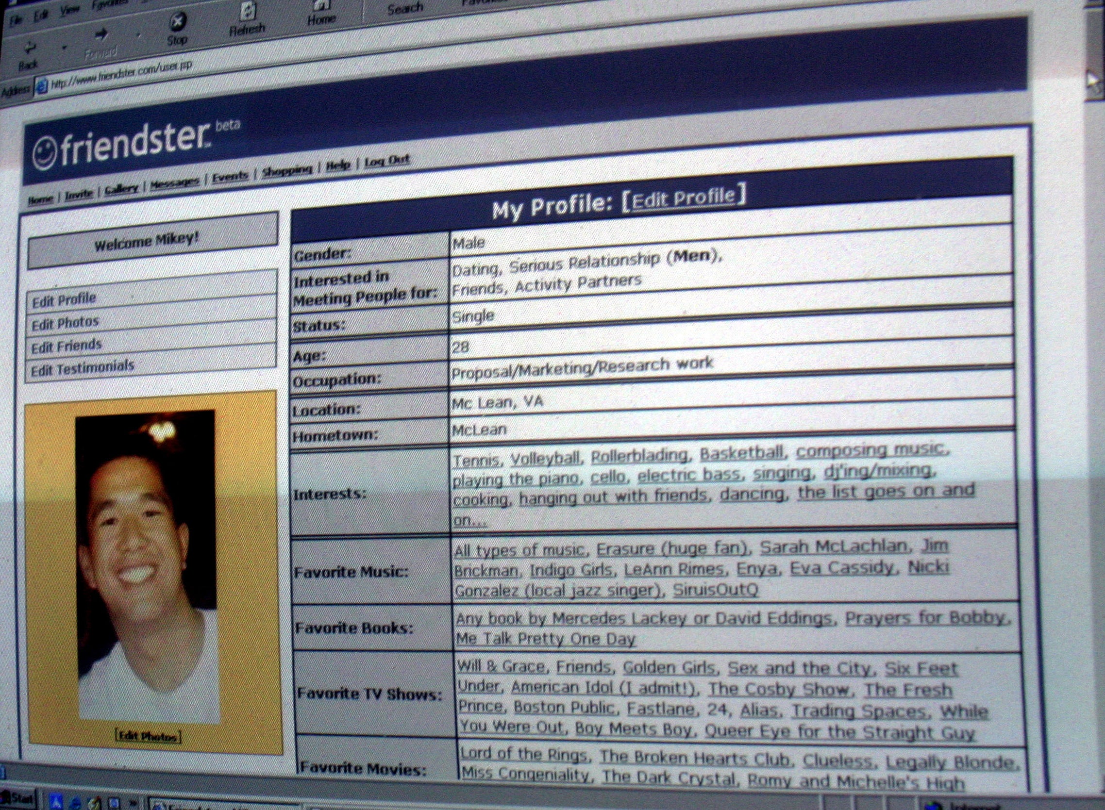 An old desktop monitor showing a Friendster page