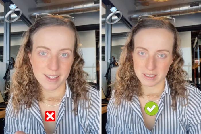 Screengrabs of a TikTok by user Madison Wright speaking with an emoji of a ring with an X on the left photo and a check mark on the right photo
