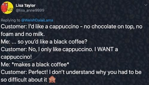customer ordering a black coffee by taking out cappuccino iingredients