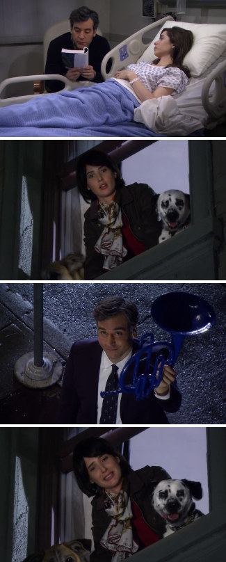 Ted reading to Tracy on her deathbed; Ted arriving to Robin&#x27;s with a blue French horn