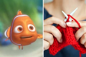 Nemo is swimming on the left with a woman knitting on the right