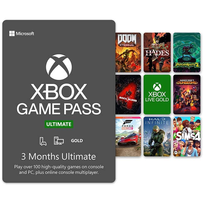 an image of different video game scenes, with the gray Xbox Game Pass card sitting in front of them