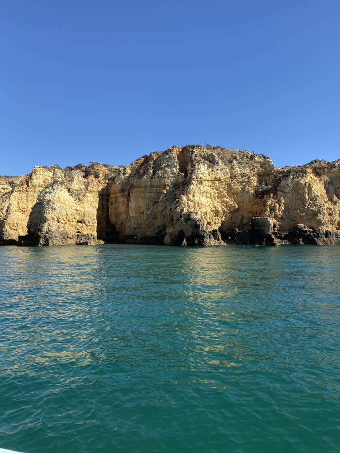 Rocky oceanside cliffs in Lagos, Portugal