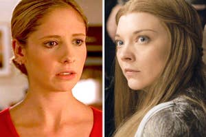 Buffy staring at someone off screen worringly in a red top and Margaery Tyrell looking worried in Game of Thrones