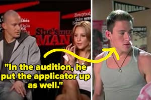 Amanda Bynes next to channing tatum saying "In the audition, he put the applicator up as well" with a picture of channing tatum with a tampon in his nose in she's the man