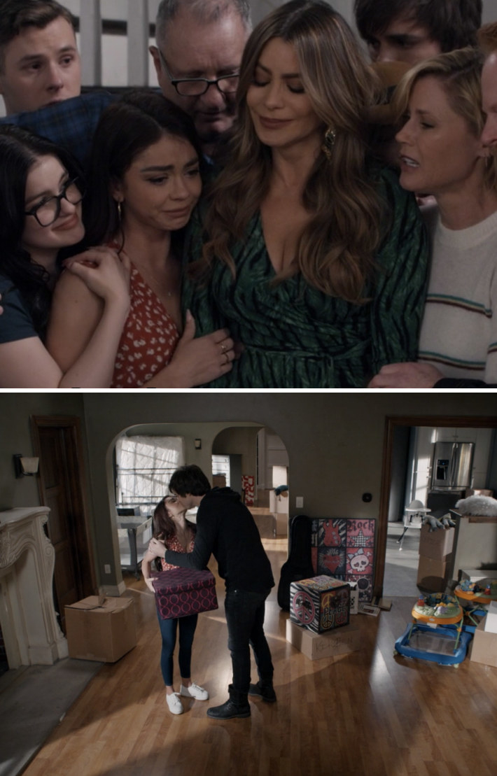 Gloria, Alex, Haley, and the rest of the family gathering in for a group hug; Haley and Dylan kissing in an empty house