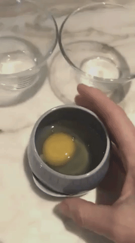 a gif of someone using the egg separator and putting the other half of the egg in a clear bowl