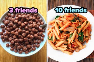 On the left, a bowl of Cocoa Puffs cereal labeled 3 friends, and on the right, some penne with tomato sauce labeled 10 friends