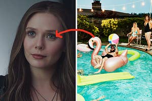 A close up of Wanda Maximoff as she smiles and several people sit on pool floaties in a pool