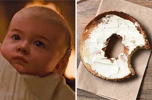 On the left, baby Renesmee from the Twilight Saga, and on the right, a toasted everything bagel topped with cream cheese with a bite taken out of it