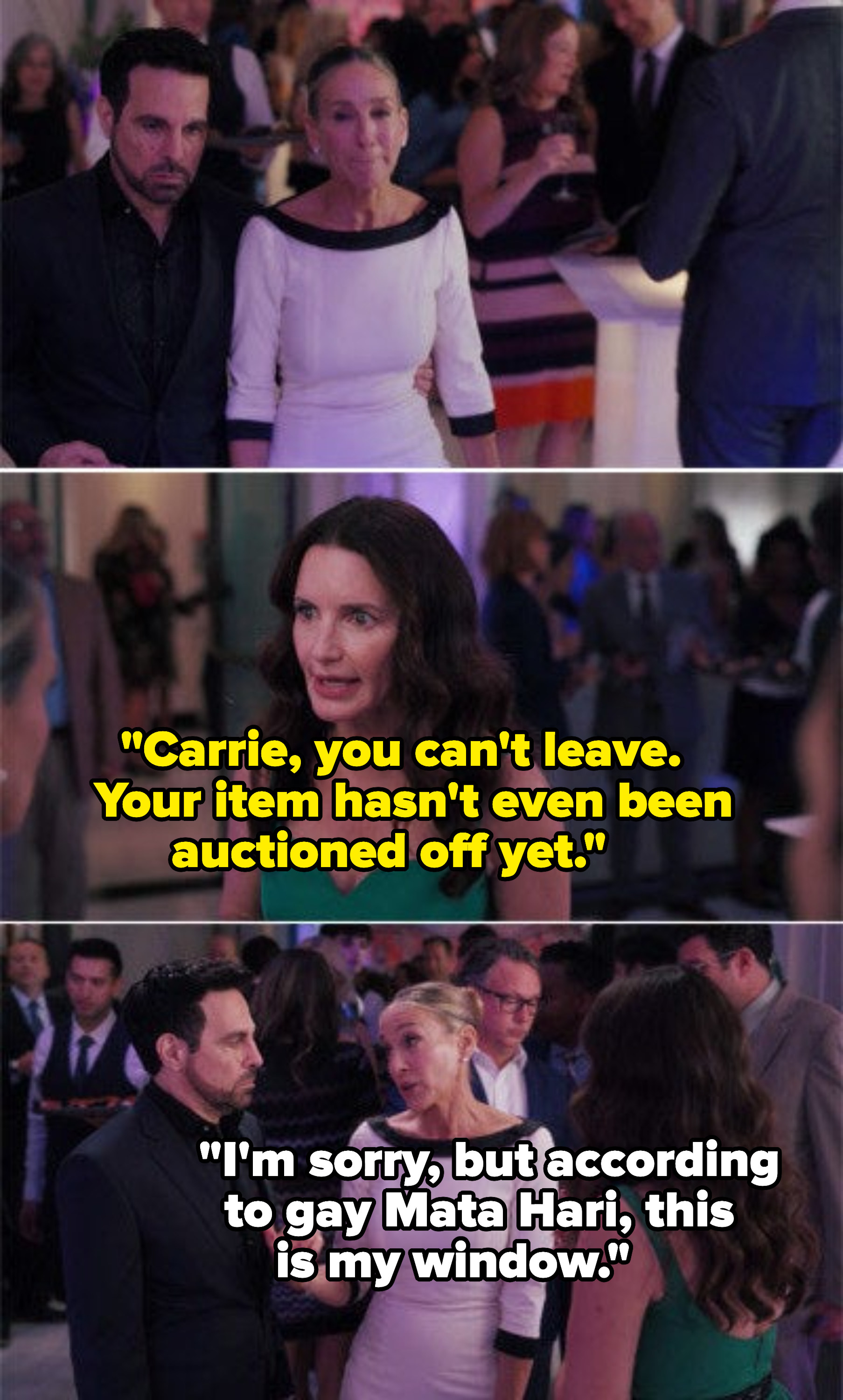 Carrie trying to leave the auction where she is an item but Charlotte stopping her