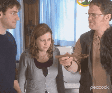 Jim offering Pam and Jim some chunky beet juice and both of them saying no
