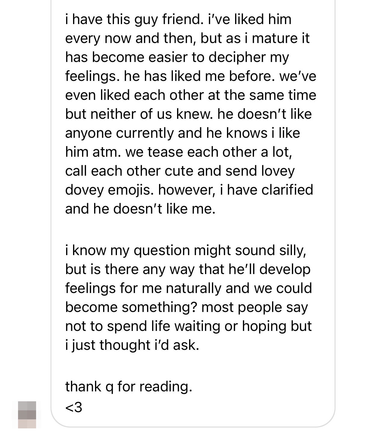 DM describing a friendship where the writer has feelings for a friend that doesn&#x27;t return those feelings.