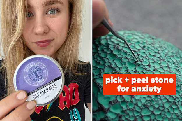L: BuzzFeed editor holding a purple tin of dream balm R: close-up of a stone covered in teal paint and a pick tool pulling paint from the crevices